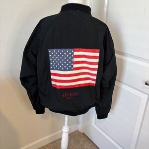 Vintage Guess Georges Marciano American Flag Bomber Jacket Black Nylon OSFA